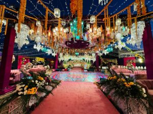 open air event, grand setup, multicolored decor, extravagant wedding