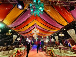 wedding setup, hanging chandeliers, executive seating, wedding caterers