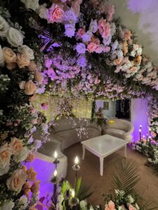 floral backdrop, hanging garden, crystal beaded decor, area decor