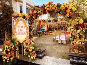 floral entrance, open air event, day time, catering company