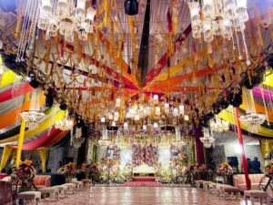 multicolored setup, colourful hanging decor, floral area decor, pakistani wedding