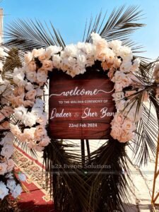 welcome board, floral decor, wedding designers, events management