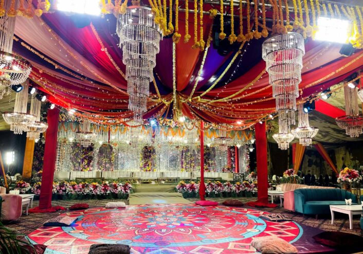 stage decor, thematic draping, hanging garden, crystal decor