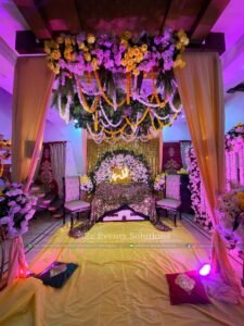 nikkah setup, floral backdrop, hanging garden, house decor