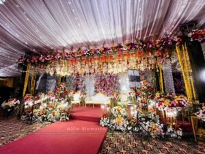 stage decor, mehndi stage backdrop, floral decor, crystal backdrop