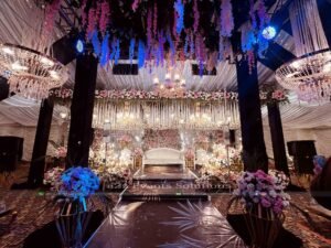 wedding stage, walima stage, flex designers, hanging chandeliers