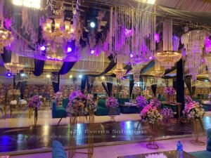 indoor decor, walkway floral decor, thematic lighting, wedding setup