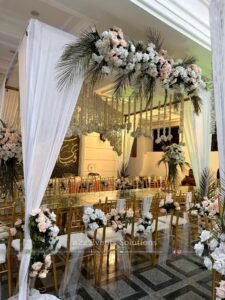 fine dining, catering setup, floral area decor, wedding designers