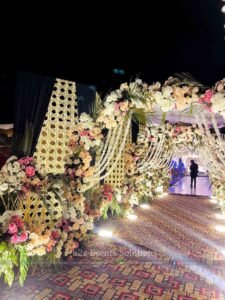 wall paneling, entrance decor, event designers, floral decor