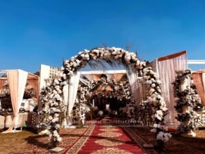 entrance decor, floral arches, wall paneling, wedding designers