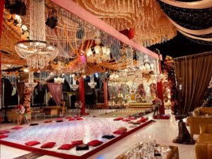 themed mehndi, executive decor, dance floor, hanging chandeliers