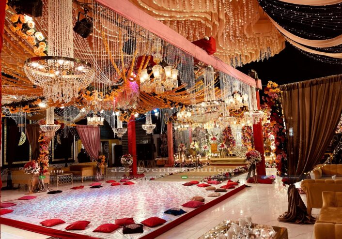 themed mehndi, executive decor, dance floor, hanging chandeliers