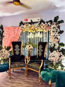 engagement stage, baat pakki backdrop, floral decor, catering company in lahore