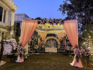 floral backdrop, nikkah stage, intimate nikkah, wedding designers & decorators