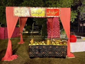 pan stall, wedding caterers, themed event, wall paneling