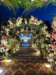 floral entrance, thematic wedding setup, wedding entrance, entrance arches