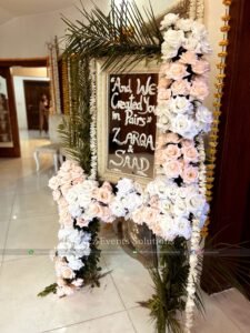 welcome board, decorators, wedding designers, floral decor and setup