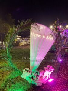 outdoor walima decor, wedding designers, selfie booth, open air setup