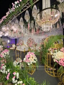 grand stage, floral backdrop, stages designers, wedding stage