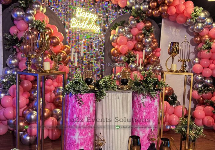 thematic birthday decor and setup, neon decor, balloons decor, table decor and setup