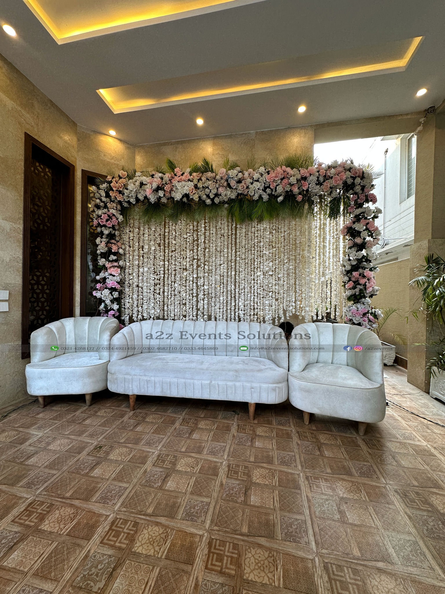 floral backdrop, stage decor, baat pakki decor, outdoor setup