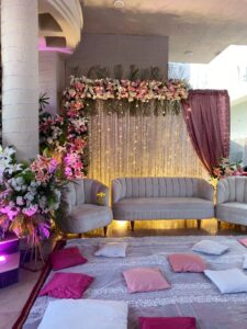 floral backdrop, intimate stage, engagement stage decor, dua e khair stage