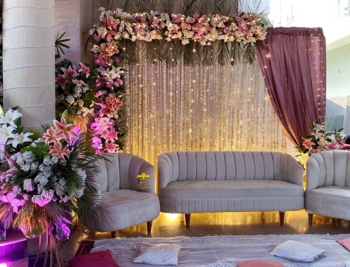 floral backdrop, intimate stage, engagement stage decor, dua e khair stage