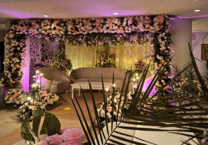 indoor nikkah setup, floral decor, wedding planners, events designers