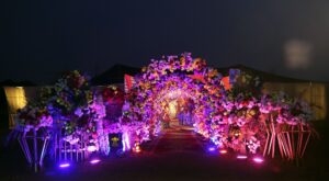 grand entrance, floral decor, mehndi decor, open air setup