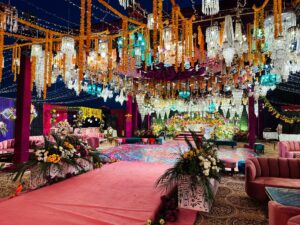 open air mehndi setup, colorful decor, wedding decorators, catering setup