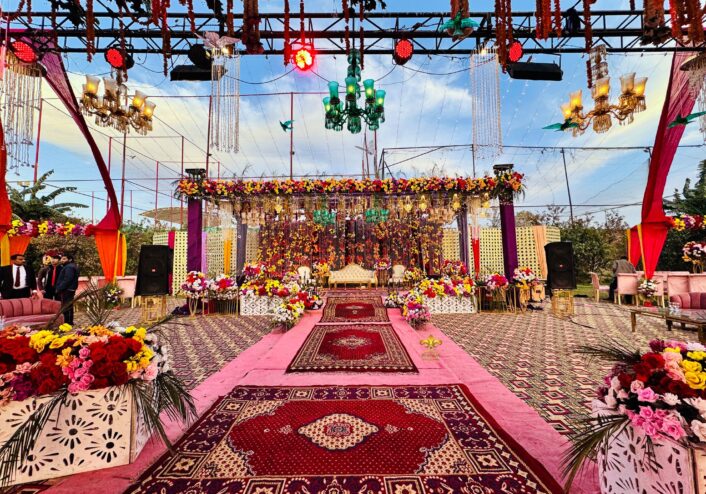 day time event, stage decor, floral backdrop, mehndi event