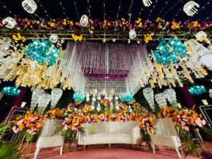 stage decor, crystal beaded stage, floral backdrop, wedding stage