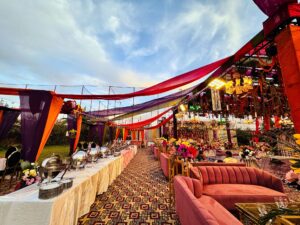catering setup, seating arrangements, open air mehndi decor, grand wedding