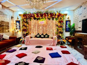 stage decor, floral backdrop, mayoun setup, a2z events solutions