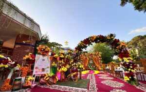 house setup and decor, dholki event, open air wedding, floral decor