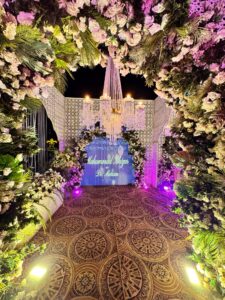entrance decor, floral entrance, chandeliers, smd screen