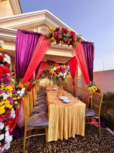 catering setup, colorful mayoun decor, wedding designers, a2z events solutions