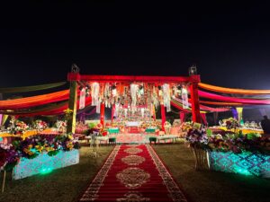 grand wedding setup, multicolored decor, mehndi event setup, caterers