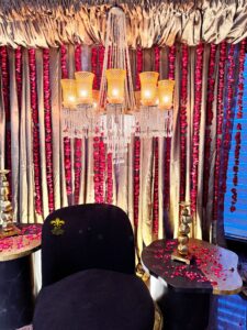 floral backdrop, bridal campaign, indoor setup, bridal shoot decor