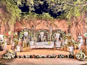 stage decor, nikkah stage, floral backdrop, outdoor stage