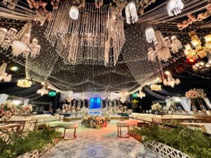 crystal beaded decor, open air setup, outdoor decor, reception setup