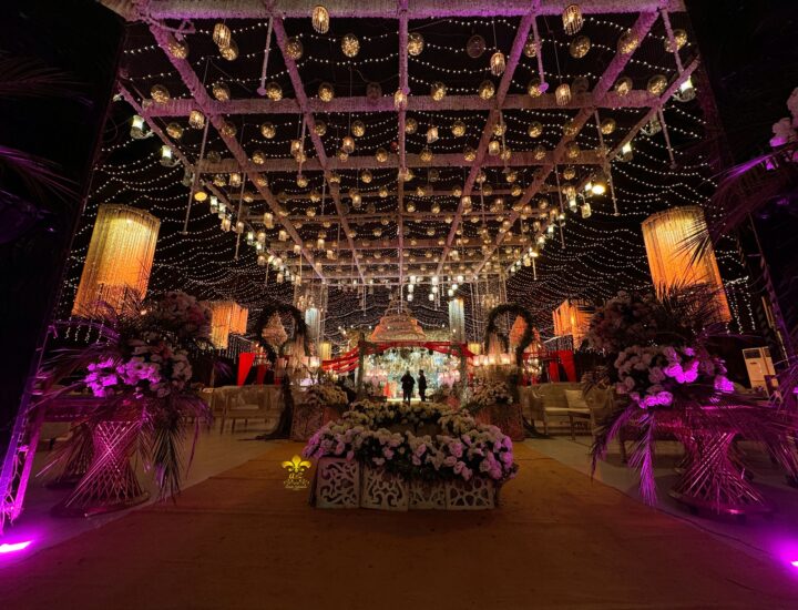 grand wedding setup, executive decor, hanging chandeliers, vip catering