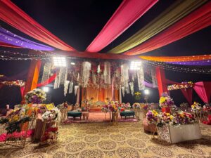 intimate wedding, multicolored decor, draping, catering setup