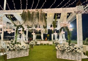 outdoor-wedding open air setup, white wedding, grand walima, event decorators