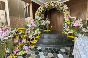 entrance decor, floral arch, dholak decor, home wedding