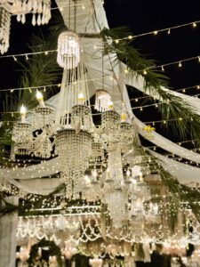 walima ceremony, hanging chandeliers, crystal beaded decor, white wedding