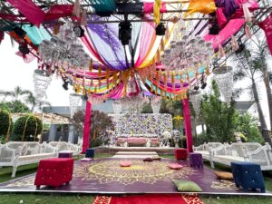 dance floor, hanging chandeliers, mayoun setup and decor, wedding caterers