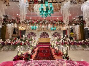 grand-wedding-stage shendi decor, floral backdrop, stages designers, stage decor