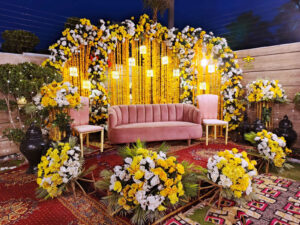 mehndi-stage-floral-backdrop floral stage, backdrop, mehndi backdrop, intimate stage