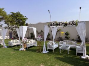 outdoor setup, white wedding, nikkah decor, events management